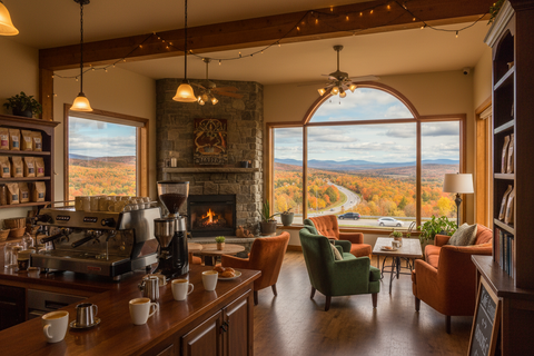 Café de spécialité chaleureux sur la route Montréal-Québec avec vue sur les paysages d'automne