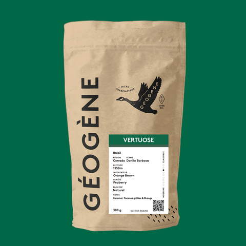 Vertuose — Café Géogène, fond vert, Brésil Cerrado naturel Peaberry